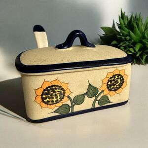Veracruz Mexican Pottery Lidded Sugar Mustard Jam‎ Spoon HandPainted Sunflowers